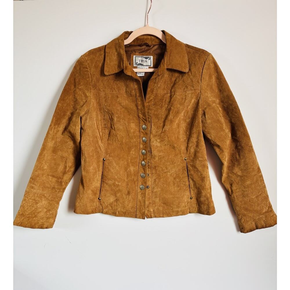 Vintage Y2K Tria Western Women's 100% Suede Leather Tan Jacket Size Medium